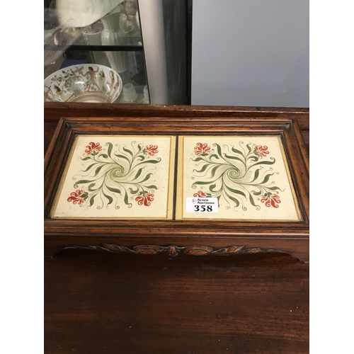 358 - Vintage ornate small wooden tray with tiled top