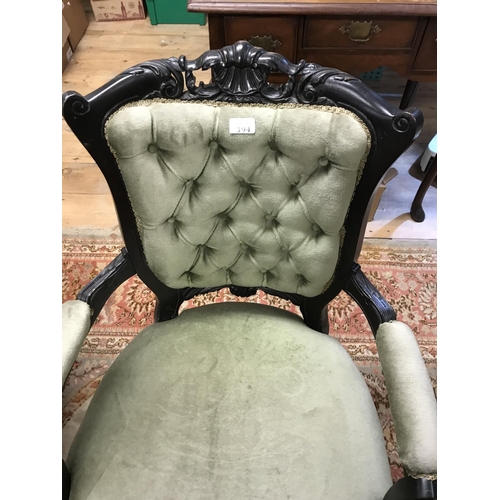 394 - Pair of green upholstered Victorian chairs