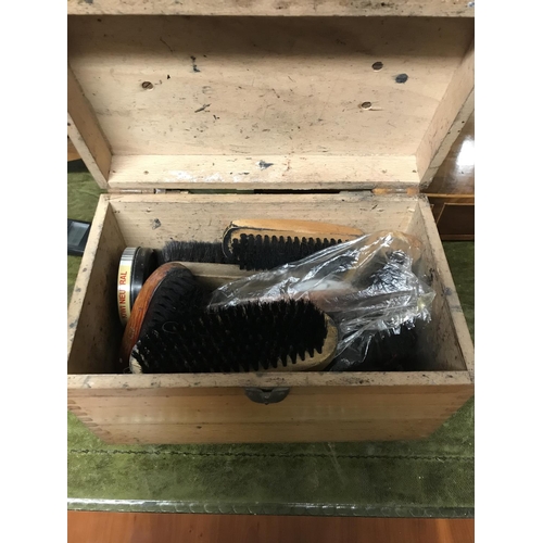 43 - Vintage wooden shoe shine box with contents