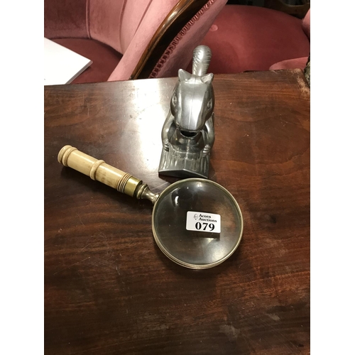 79 - Large magnifying glass and metal squirrel nutcrackers