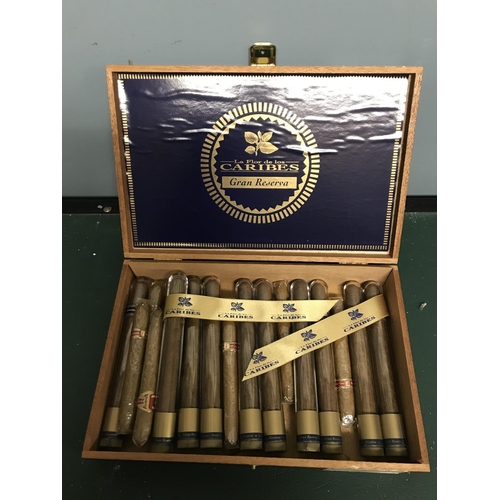 90 - Wooden Caribe cigar box with qty of Caribe cigars and some King Edwards Approx 17 in total