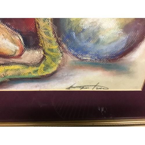 181 - Unusual Framed & Glazed oil crayon picture of a lady and snakes signed - COLLECTION ONLY