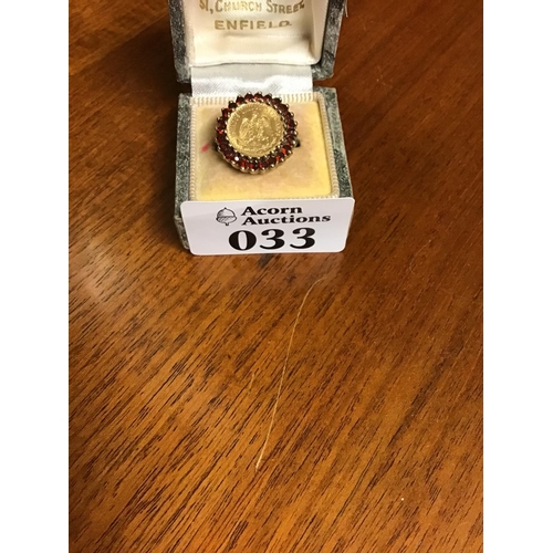 33 - Size M 9ct Gold ring set Garnets with 22 ct gold Mexican coin in the centre - BOX FOR DISPLAY ONLY