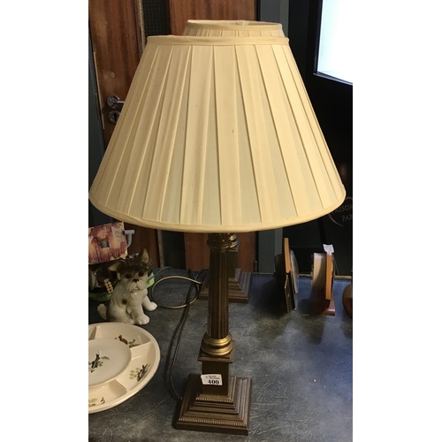 400 - Pair of metal Corinthian column lamps and shades