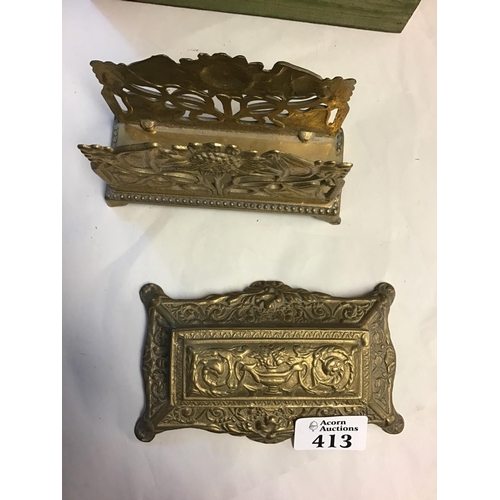 413 - Ornate brass desk letter rack and stamp box