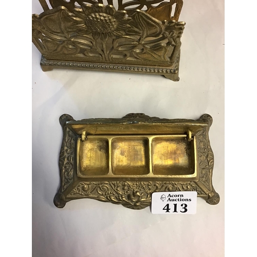 413 - Ornate brass desk letter rack and stamp box