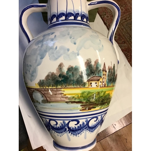 423 - Large double handled painted urn - 17 inches high - COLLECTION ONLY