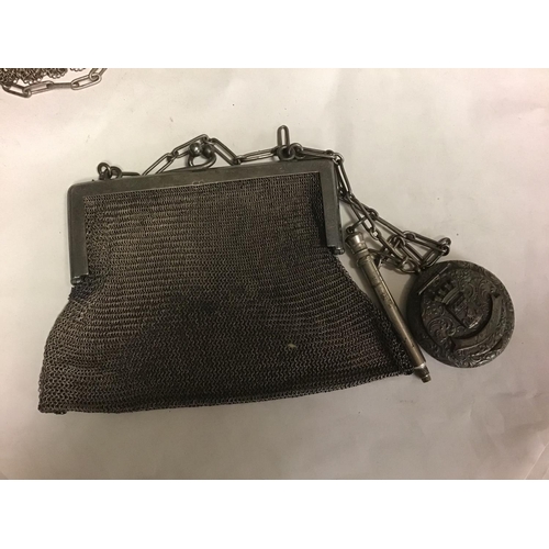 460 - Vintage chain mail evening bag with silver frame with chatelaine + Metal Chain mail evening bag