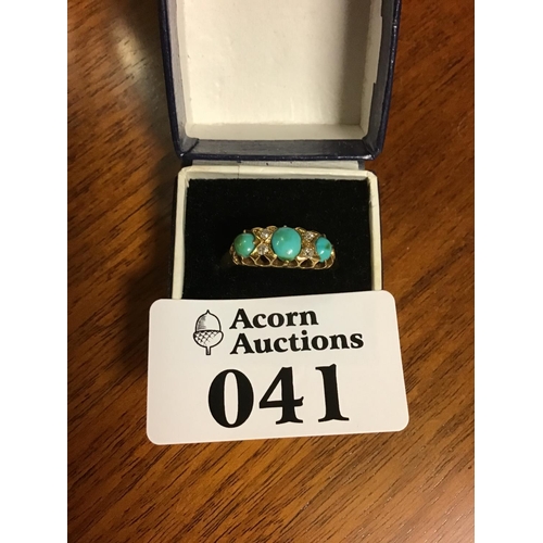 41 - 18ct Gold ladies ring size M set 3 Turquoise stones & others - BOX FOR DISPLAY ONLY