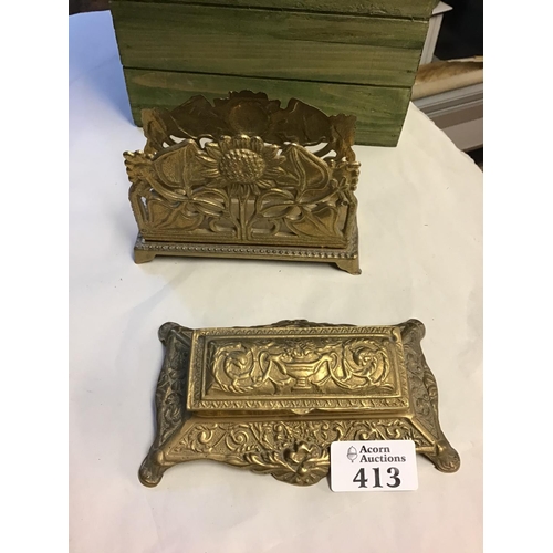 413 - Ornate brass desk letter rack and stamp box