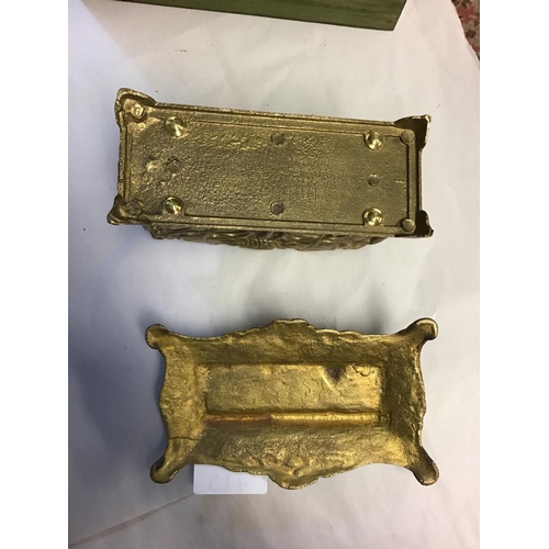 413 - Ornate brass desk letter rack and stamp box