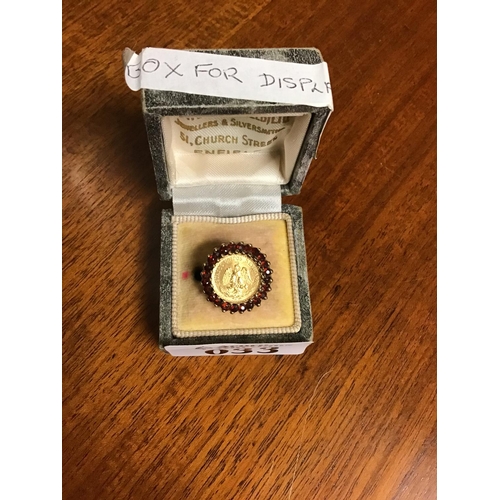 33 - Size M 9ct Gold ring set Garnets with 22 ct gold Mexican coin in the centre - BOX FOR DISPLAY ONLY