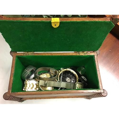 373 - Wooden jewellery box with qty of watches inside - CLOCKS AND WATCHES ARE NOT TESTED