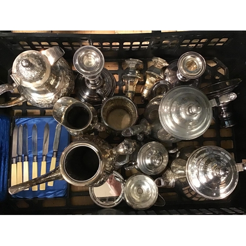 380 - Box of good plated items inc candle stiicks, cruets, teapots etc, etc