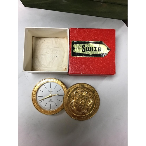 266 - Vintage Swiza travel clock shapped like a stack of coins in original box - CLOCKS AND WATCHES ARE NO... 