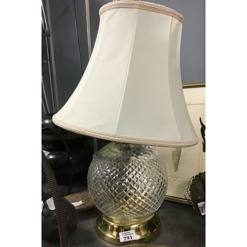 291 - Large glass and brass table lamp with shade. PAT tested to Aug 21 - COLLECTION ONLY