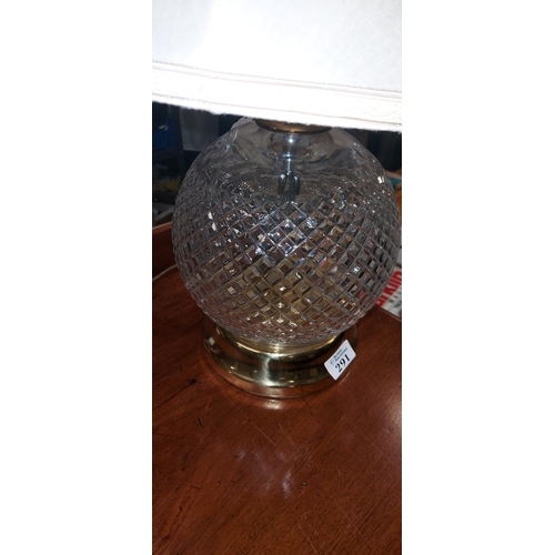 291 - Large glass and brass table lamp with shade. PAT tested to Aug 21 - COLLECTION ONLY