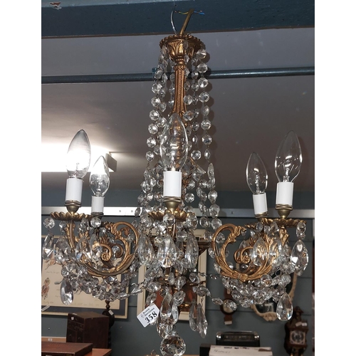 358 - Ornate gilt metal 6 arm chandelier with crystal drops - COLLECTION ONLY