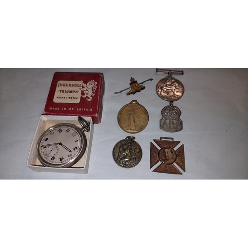 570 - Qty of military medals and badges with commemorative badges and stop watches