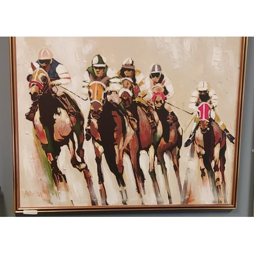 664 - Very large horse racing oil on canvas signed Anderson - 42 inches in height x 52 inches Wide - COLLE... 