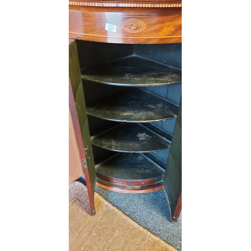 667 - Edwardian corner cabinet with pretty inlay detail and shelves and 9 drawers inside - COLLECTION ONLY