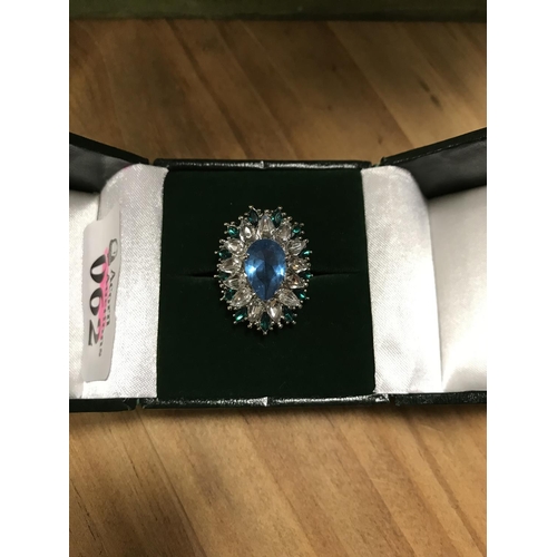 62 - Ornate dress ring set blue, white & green stones - Size M - Box For Display Only