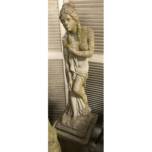 7 - Garden statue of a scantily clad woman on a plinth - Overall height 5ft - COLLECTION ONLY OR ARRANGE... 