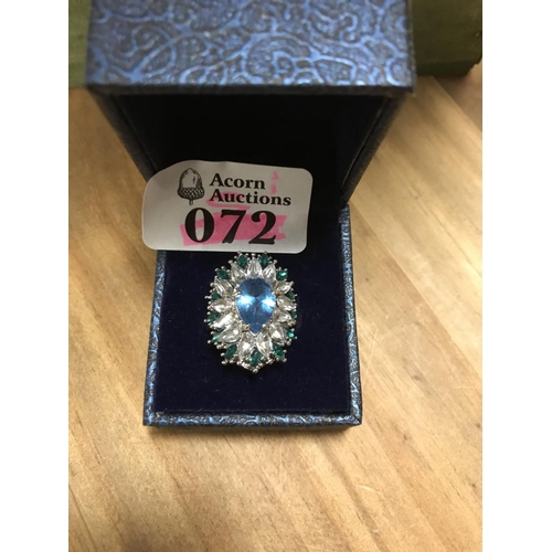 72 - Ornate dress ring set green, white & blue stones - Size K - Box For Display Only