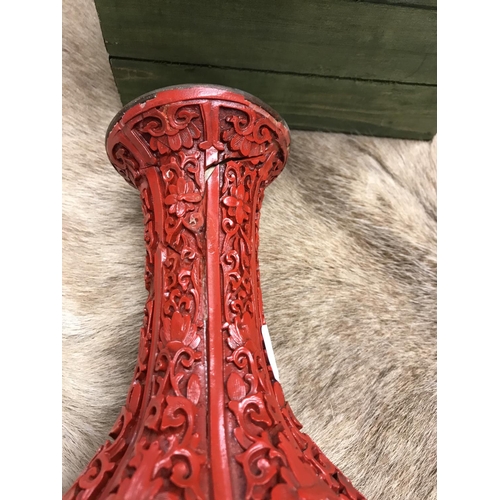 752 - Oriental Cunnabar late 19th century/ early 20th century lacquer vase - some damage