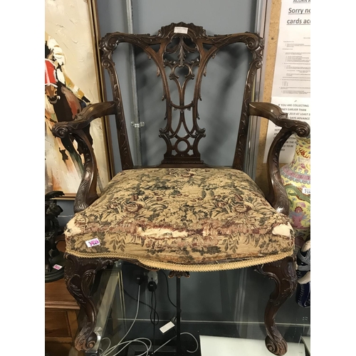 756B - Early large chair with ornate detailing, Upholstery needs some attention - COLLECTION ONLY OR ARRANG... 