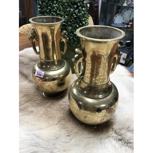 798A - Pair of large very heavy brass vases standing 12 inches with ornate metal detail - COLLECTION ONLY D... 