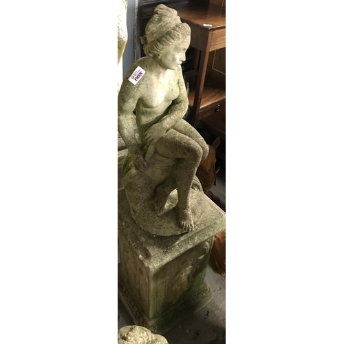 8 - Garden statue of a naked woman on a plinth - Overall height 3ft 6 inches - COLLECTION ONLY OR ARRANG... 