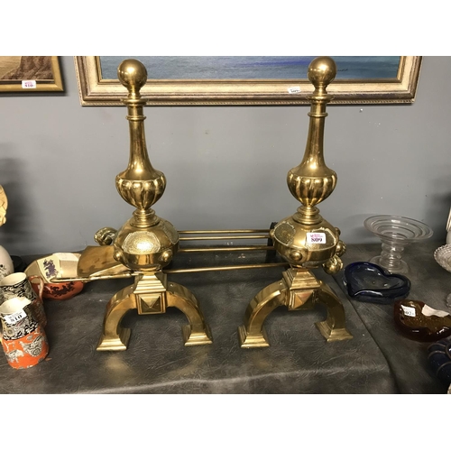 809 - Pair of beautiful very large heavy brass fire dogs with 3 x Brass fire tools - COLLECTION ONLY OR AR... 