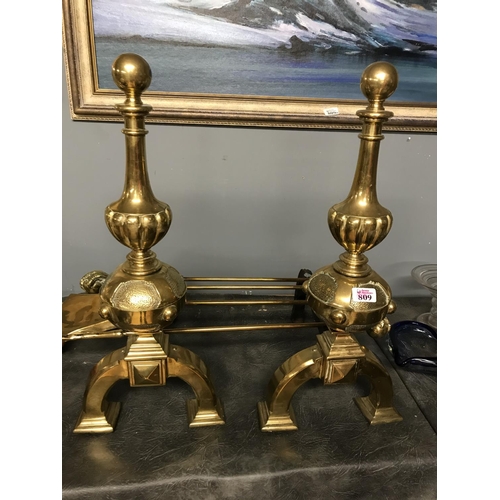 809 - Pair of beautiful very large heavy brass fire dogs with 3 x Brass fire tools - COLLECTION ONLY OR AR... 