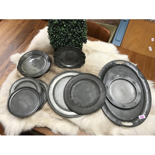 837 - Interesting lot of early mixed pewter tray, dishes etc