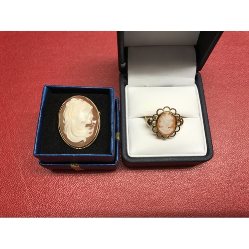 859 - Very nice 9ct gold cameo ring & 9ct gold cameo brooch