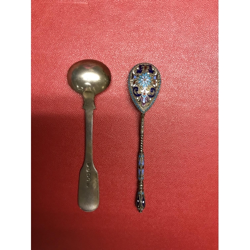 866 - Stunning Circa 1981 Russian gilded silver & cloisonne spoon & 1 x other silver spoon