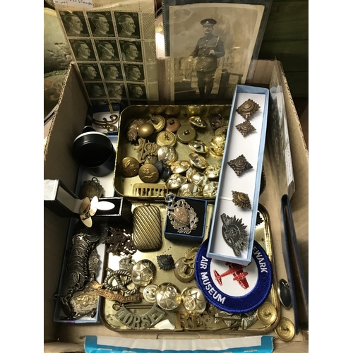 886A - Lovely large box of military items inc badges, buttons, photos, Hitler stamps, silver fob etc