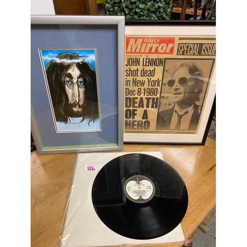 314A - Beatles White Album Re-Issue, Framed & Glazed Lennon caricature and Dec 10th 1980 cutting