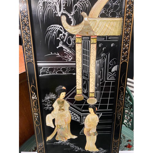 446A - Oriental black lacquered wall hanging with Mother Of Pearl inlay