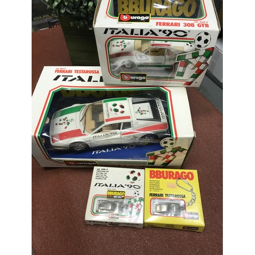 203 - 2 x Boxed Bburago Italia 90 die cast Ferraris plus 2 x Key rings