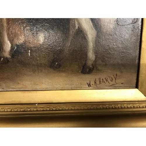 356 - Stunning early framed oil on board of a horse and dogs - Signed W. H. Hardy - A/F to frame