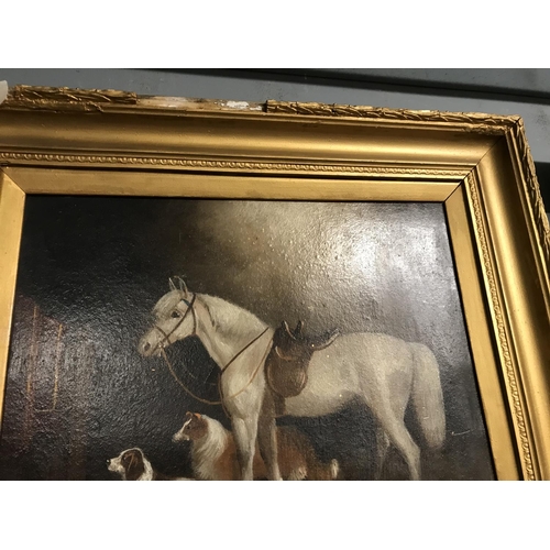 356 - Stunning early framed oil on board of a horse and dogs - Signed W. H. Hardy - A/F to frame