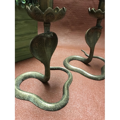 377A - Large pair of beautiful brass candlesticks in the form of cobras