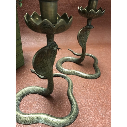 377A - Large pair of beautiful brass candlesticks in the form of cobras