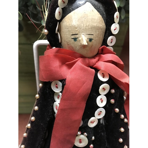 507 - Vintage wooden peg doll dressed as a Pearly Queen