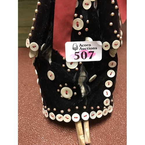 507 - Vintage wooden peg doll dressed as a Pearly Queen