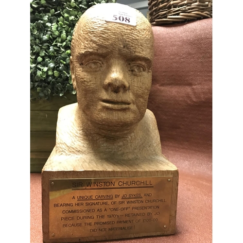 508 - A unique wooden carved sculpture of Winston Churchill - Signed Jo Sykes - See information plaque