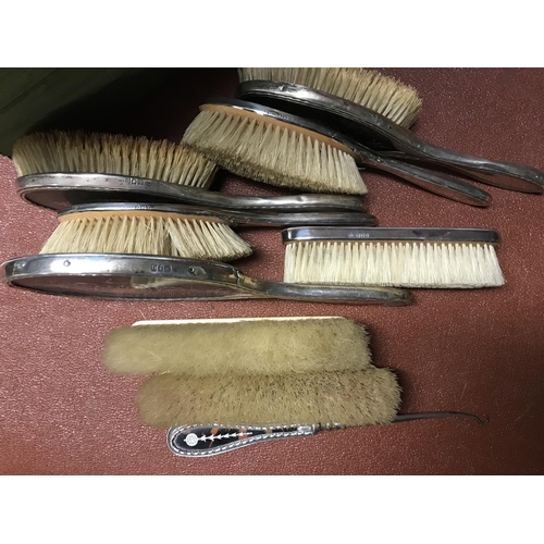 80 - Box of assorted hallmarked silver hair brushes, mirrors. The boot pull is not silver - Scrap silver