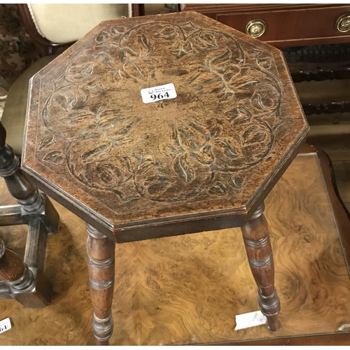 964 - Early hexaganol table / stool with carved top